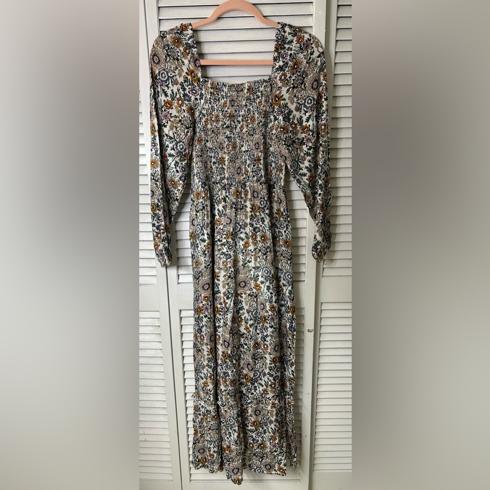 Natural Life Floral Smocked Midi Dress - White with Mustard & Green Size M - Picture 3 of 3